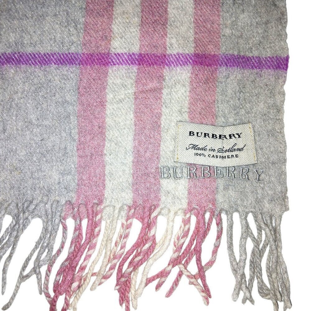 Burberry Vintage Gray Pink Purple Luxury Plaid Scarf Embroidered Logo - Picture 4 of 5